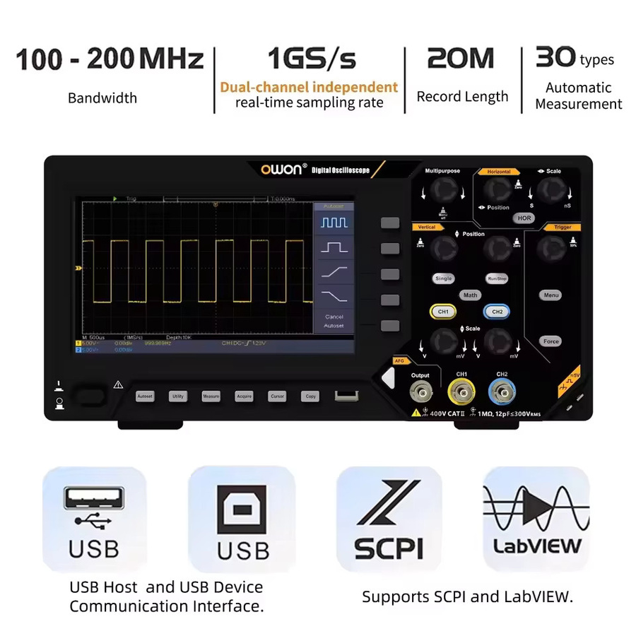 Digitales Oszilloskop OWON SDS200-Serie in Schwarz mit Dual-CH 100/200 MHz, 25 MHz Signalgenerator, FFT-Analyse und 6-stelligem Frequenzzähler - Bild 2