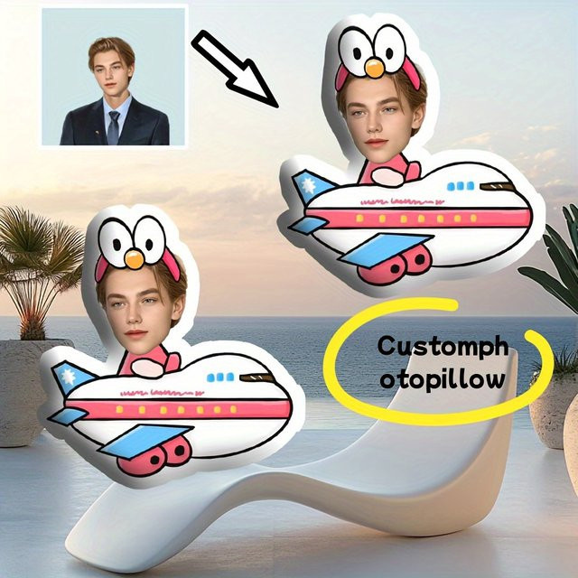 Personalisiertes Mini-Plüsch-Fotokissen in Flugzeugform mit individuellem Gesichtsdruck, mehrfarbig - Bild 1