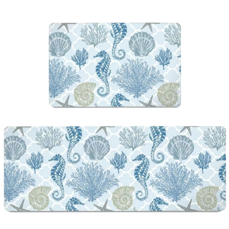 Waschbarer Teppich mit Muschel- und Seestern-Motiv in Blau, rutschfester Küchen- und Flurteppich im maritimen Design aus Polyester - Bild 2