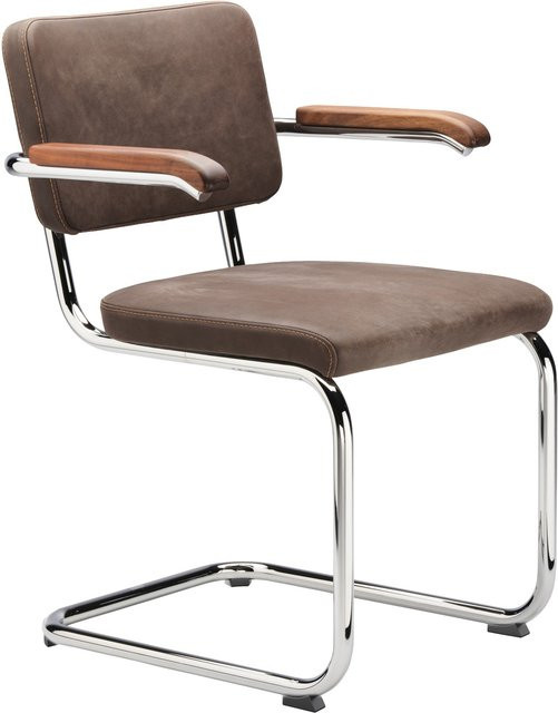 Thonet S 64 Pv Stuhl mit Armlehnen aus Nussbaum und braunem Nubukleder - Bild 1