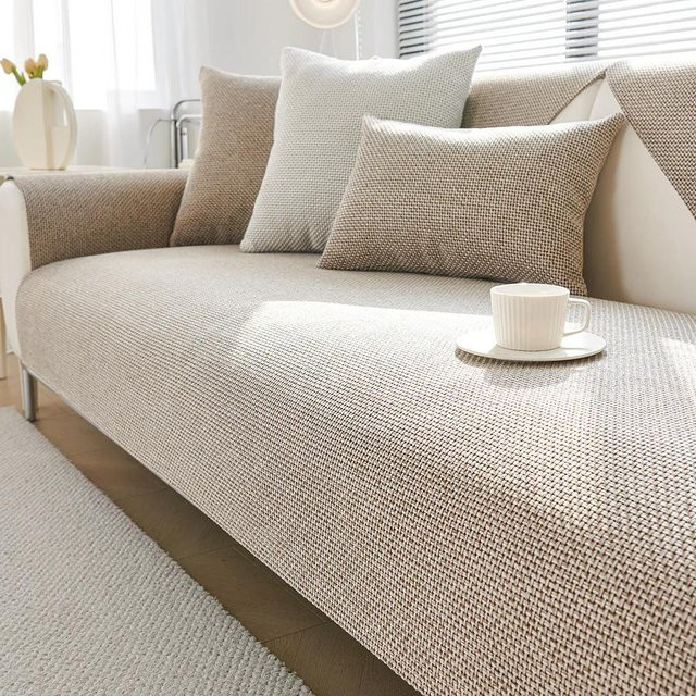 Waschbarer Chenille-Sofabezug von Your Warm Home in Beige, einfarbig und rutschfest, 90 x 90 cm - Bild 1