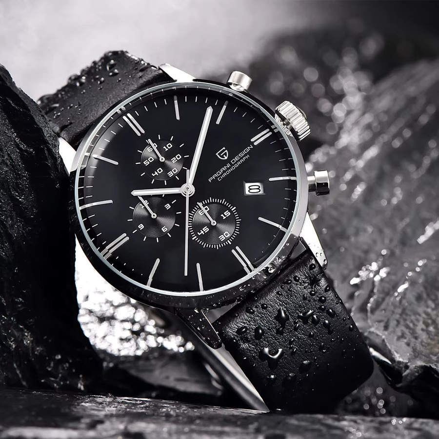 PAGANI DESIGN Chronograph, Quarz, Edelstahl, Leder, Herren, Schwarz - Bild 4