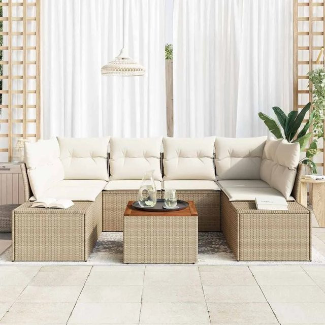 7-tlg. vidaXL Garten-Sofa-Set aus Polyrattan in Beige mit Kissen und Gartentisch - Bild 1