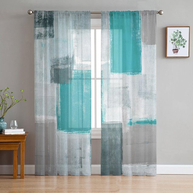 Super Six Transparenter Voile Vorhang mit abstraktem geometrischem Ölgemälde-Design in Blau, B: 135 cm, H: 114 cm - Bild 1