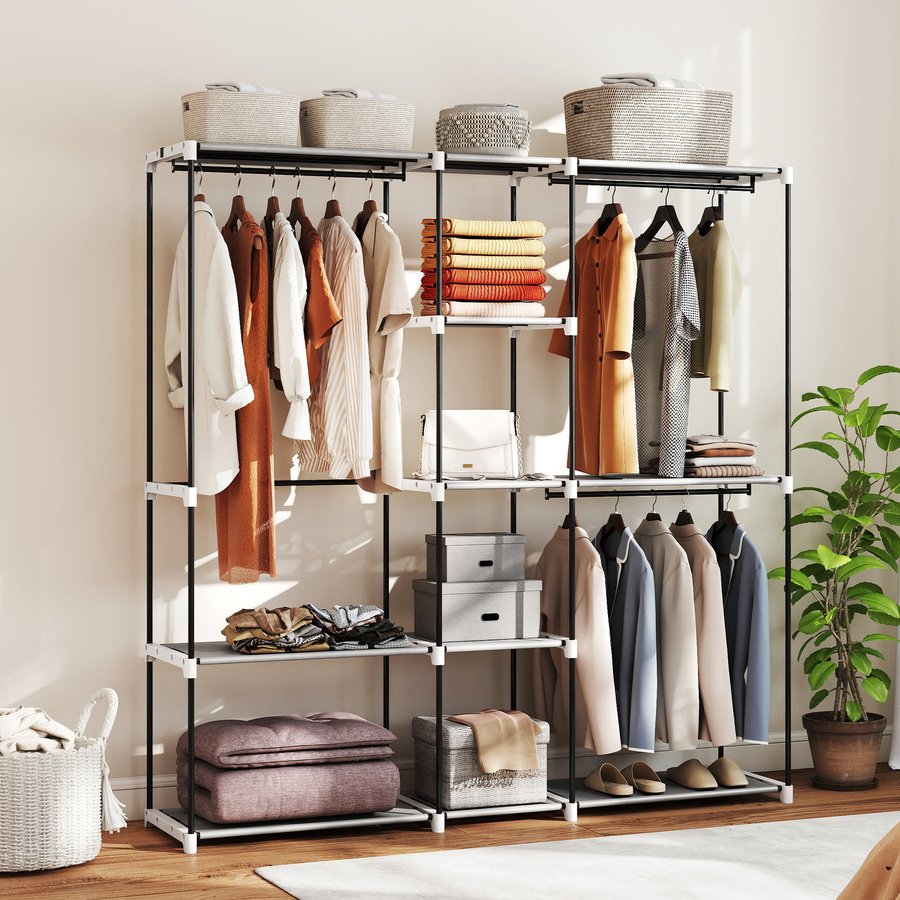 HOMCOM Kleiderschrank Garderobe mit 8 Stoffregalen und Kleiderstangen in Hellgrau, B/T/H: 120 x 43 x 185 cm - Bild 2