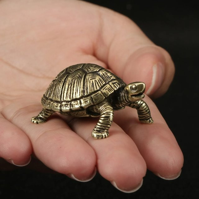 Antike Schildkröten-Figur aus massivem Kupfer und Messing in Gold, dekoratives Metall-Ornament für den Tisch - Bild 1