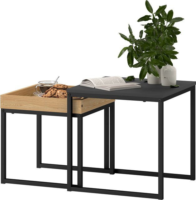 HOMCOM 2er-Set Couchtisch im modernen Design mit Stahlgestell und MDF, Schwarz und Eiche - Bild 1