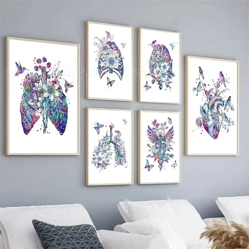 Potdemiel Anatomie Wandkunst Leinwandbild mit Aquarell Blumen und Organen wie Herz, Gehirn, Lunge und DNA in Mehrfarbig - Bild 1