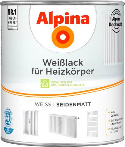 Alpina Weißlack für Heizkörper und Metall, seidenmatt, Weiß, 2 Liter - Bild 1
