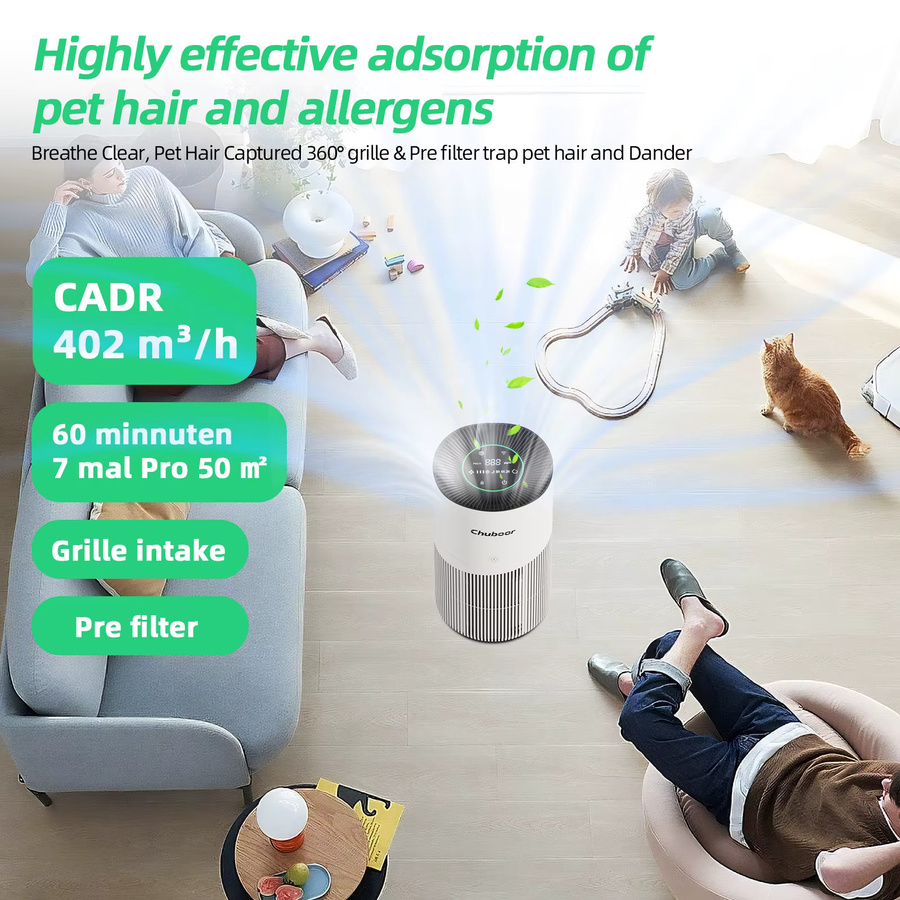 Chuboor Luftreiniger mit H13-HEPA-Filter und WiFi in Weiß für große Räume bis 120 m² mit 402 m³/h Luftleistung - Bild 2