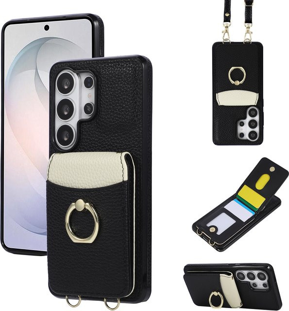 Crossbody Brieftasche und Handyhülle für Samsung Galaxy S26 Ultra S25 FE S24 S23 S22 S21 S20 Plus mit Kartenhalter und Ringständer aus Leder in Schwarz oder Weiß - Bild 1