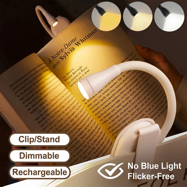 USB aufladbare LED Clip-on Leselampe in Weiß mit stufenloser Dimmfunktion und Augenschutz für Kinder und Erwachsene - Bild 1