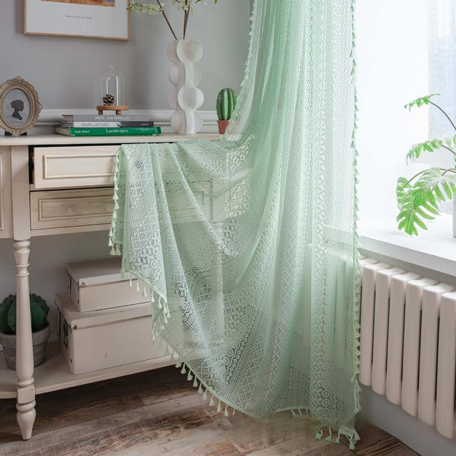 Warm Magpie Home Brokat Vorhang aus Baumwolle mit Quasten und floralem Muster in Hellgrün, Breite: 150 cm, Höhe: 100 cm - Bild 1