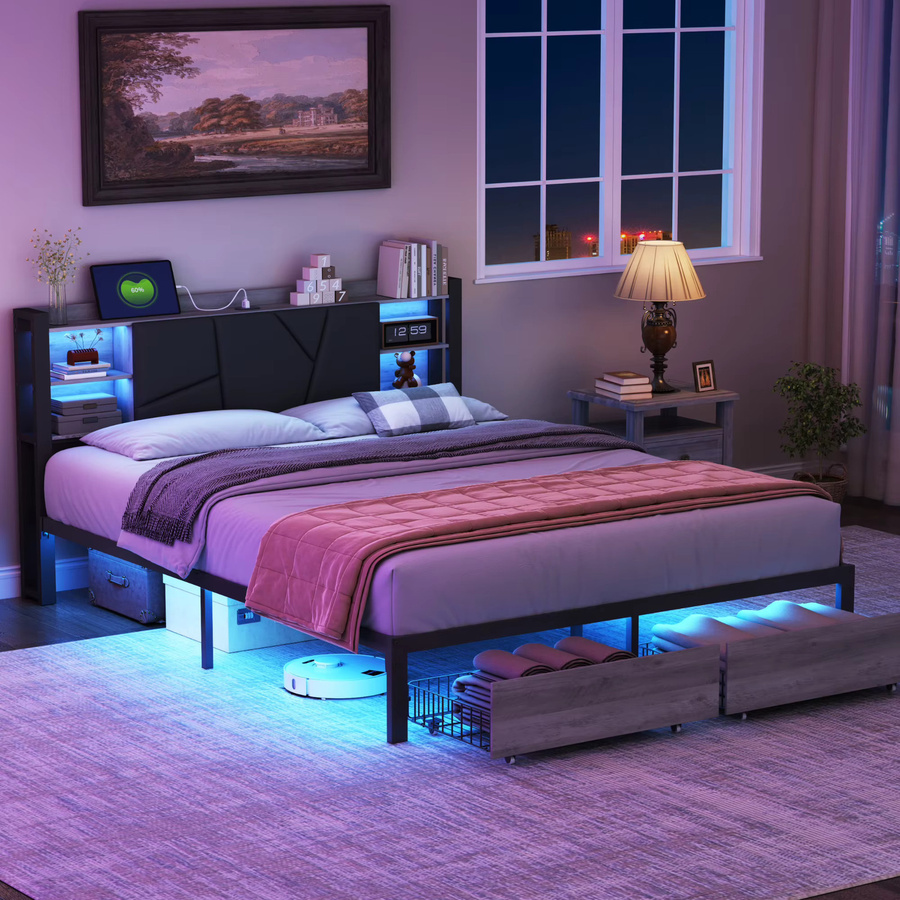 Comanlai Metallbettgestell mit LED-Beleuchtung, 2 Schubladen und USB-Ladeanschluss, modernes Doppelbett mit Lattenrost, B/T/H: 140 x 200 cm - Bild 2