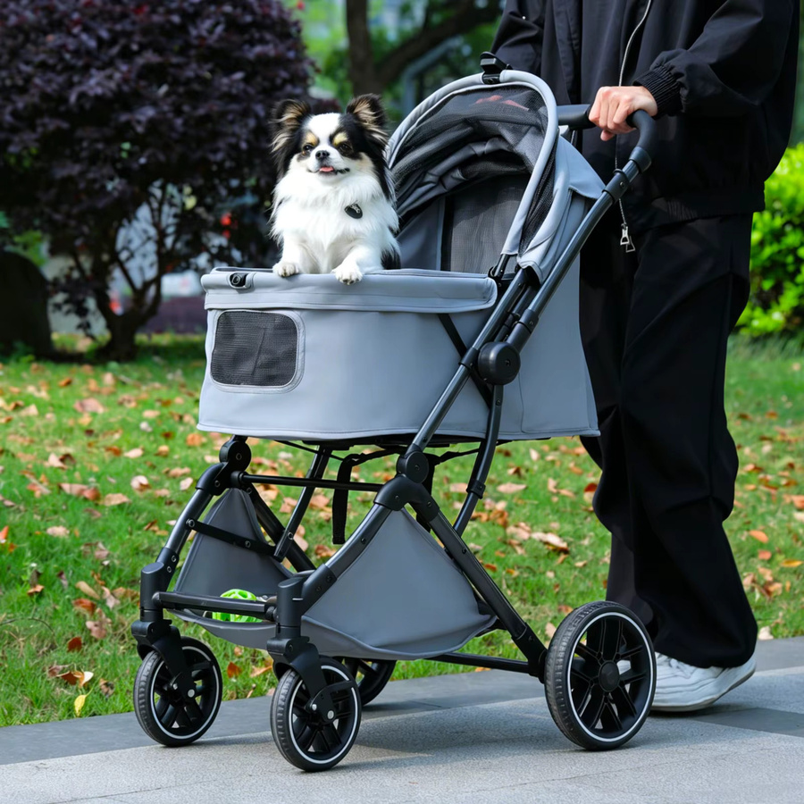 PAWZ Road Faltbarer Haustier-Kinderwagen für Hunde und Katzen in Grau mit Ein-Klick-Faltmechanismus, umkehrbarem Griff und Zubehör - Bild 2