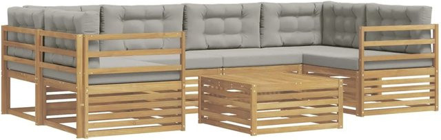 vidaXL Outdoor-Sofagarnitur 7-teilig in L-Form aus Akazienholz mit Polsterkissen in Weiß und Hellgrau - Bild 1