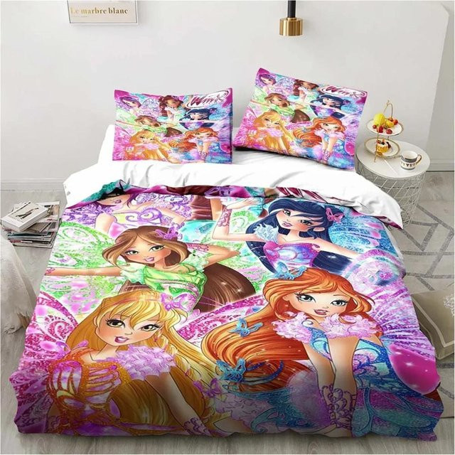 Winx Anime Kawaii Bettwäsche Set aus Mikrofaser mit Bettbezug und Kissenbezügen, Mehrfarbig, B/H: 200 x 200 cm - Bild 1
