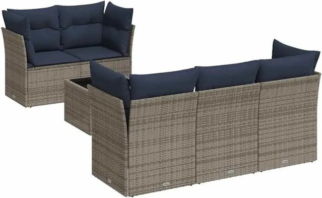 vidaXL 6-teilige Garten-Sofagarnitur in L-Form aus Poly-Rattan mit Kissen in Grau-Blau - Bild 1