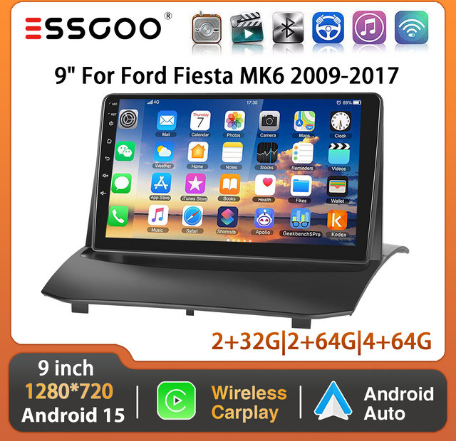 Essgoo Android 15 Autoradio mit 9 Zoll Display, Wireless Carplay und Android Auto, GPS, Wi-Fi, Schwarz, für Ford Fiesta MK6 09-17 - Bild 1
