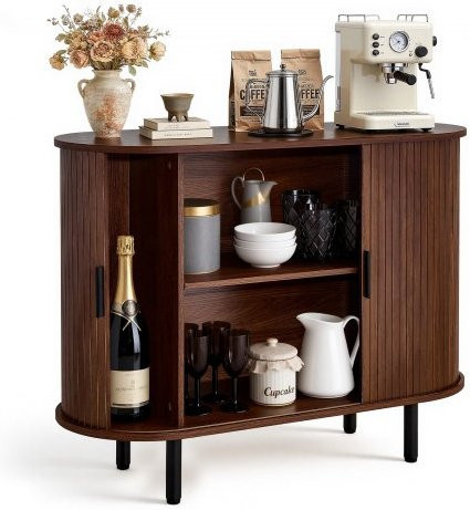 VEVOR Coffee Bar Cabinet im Mid Century Design mit geriffelter Front und 2 Schiebetüren, Buffet Schrank in Braun, B/T/H: 100 x 40 x 75 cm - Bild 1