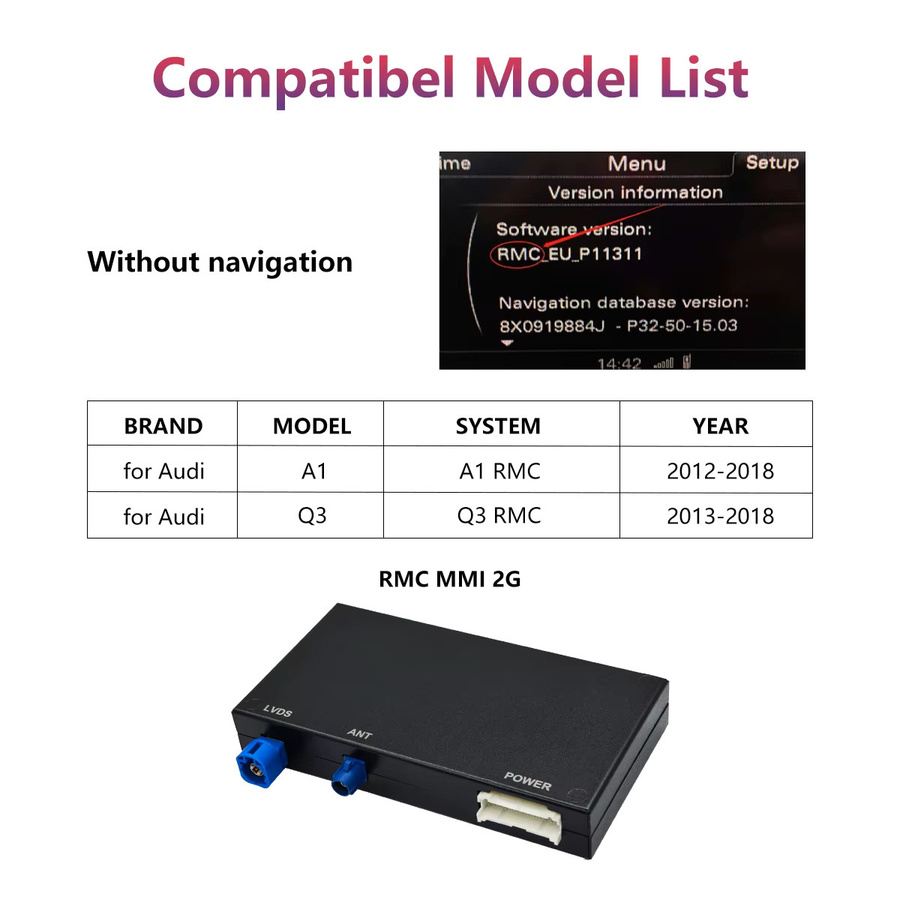 WRWD Kabelloses CarPlay und Android Auto Interface für Audi A1 und Q3 (2012-2018) mit MMI 2G/3G HN+ RMC, AirPlay und Mirror Link, Schwarz - Bild 2