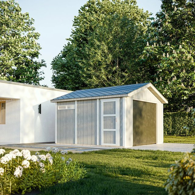 Timbela Garage Premium M990B aus Holz in Natur mit elektrischen Rollläden und abschließbaren Türen, B/T/H: 378 x 412 x 269 cm - Bild 1