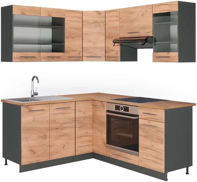 Vicco Fame-Line Eckküche Goldkraft Eiche und Anthrazit mit Soft-Close-Türen B/T: 160 x 190 cm - Bild 1