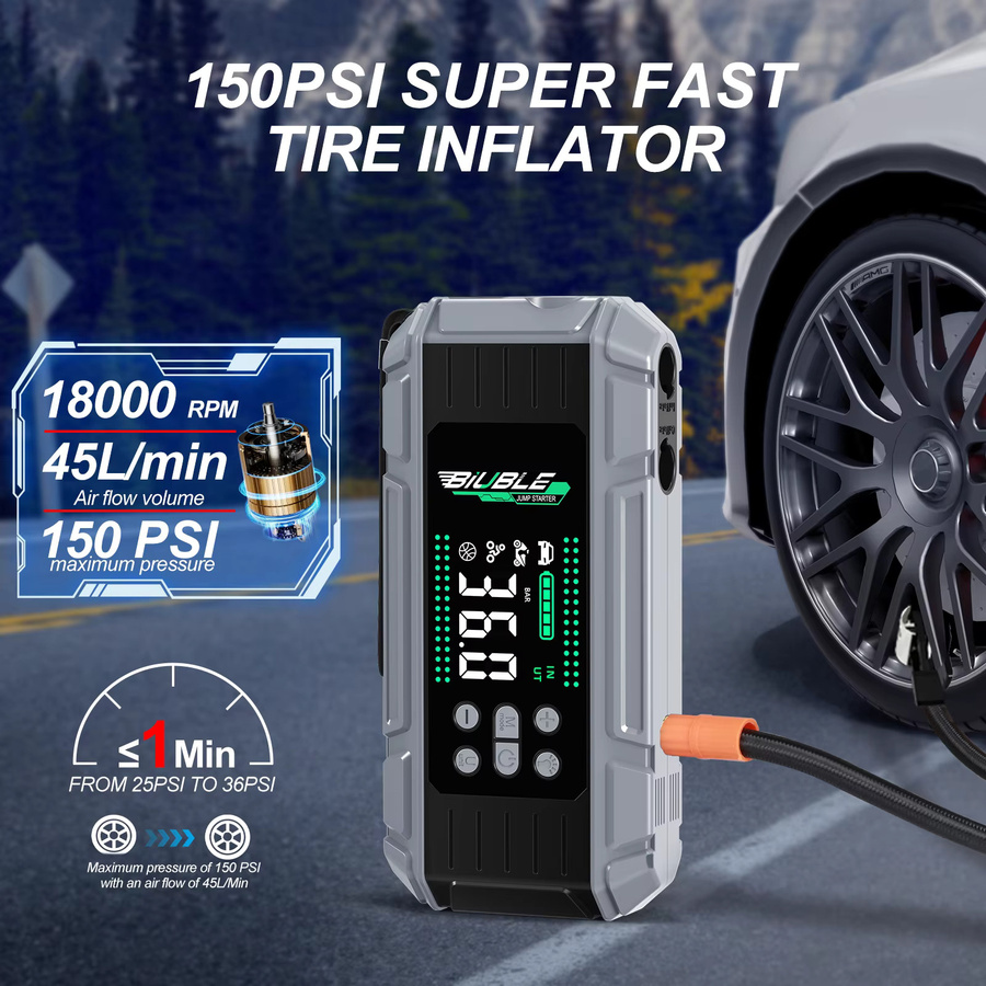 BIUBLE 3-in-1 Auto-Starthilfe mit Luftkompressor und Powerbank, 24800mAh, 65W, Schwarz - Bild 2