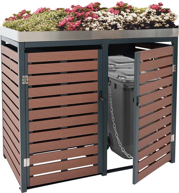 Mülltonnenverkleidung MCW-K14 Mülltonnenbox mit Pflanzkasten aus WPC und Metall in Walnuss-Holzoptik, B/T/H: 124 x 146 x 102 cm - Bild 1