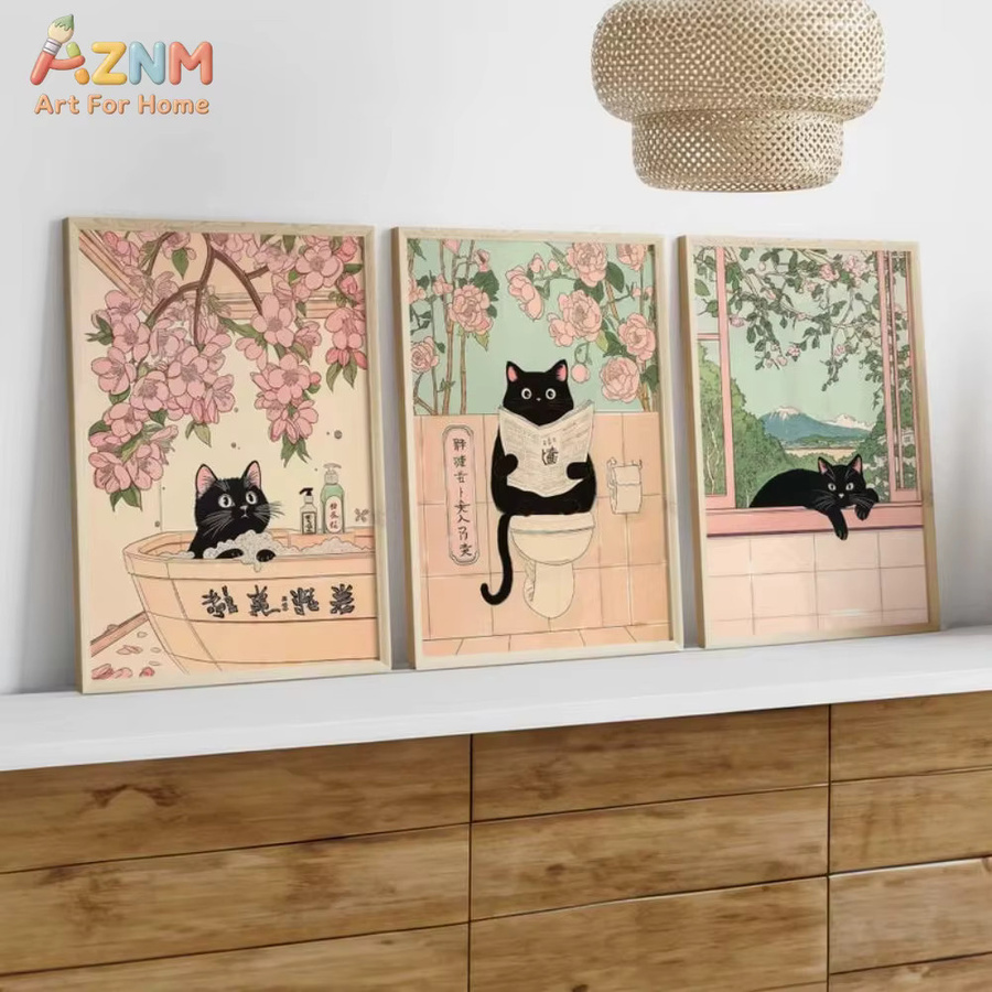 AZNM Leinwand-Wandkunst im japanischen Stil mit schwarzer Katze und Vintage-Blumenmuster, ungerahmter Druck für dein Badezimmer, mehrfarbig - Bild 1