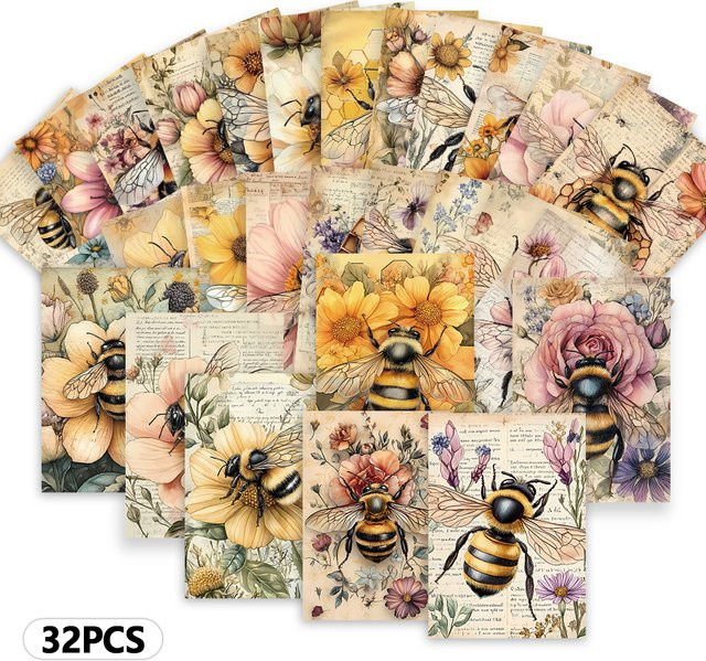 32 Stück Vintage-Postkarten mit Bienen und Blumen als Aufkleber in Multicolour - Bild 1