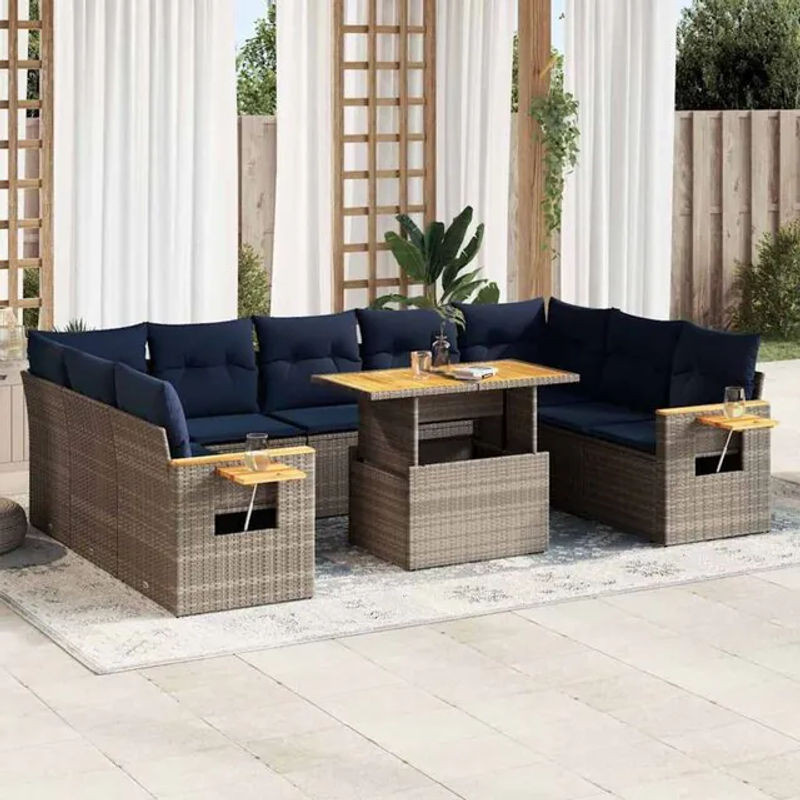 10-teilige moderne Garten-Sofagarnitur aus Poly-Rattan und Akazienholz mit Kissen in Grau von vidaxl - Bild 1