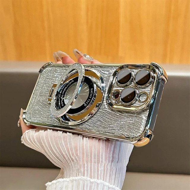 Glitzernde MagSafe Handyhülle mit Wasserrippel-Effekt und Klapphalter für Apple iPhone 13, 14, 15 und 16 Serie in Transparent/Silber - Bild 1