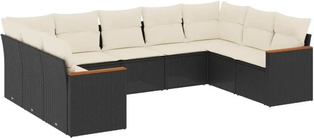 vidaXL 9-tlg Garten-Sofagarnitur in L-Form aus Poly-Rattan und Akazienholz mit Kissen in Schwarz - Bild 1