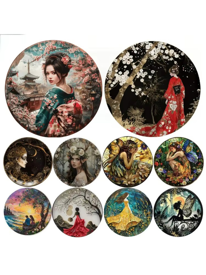 Rundes Metall-Blechschild mit japanischem Kimono und Masken-Motiv in Rot und Mehrfarbig, Durchmesser: 20 cm - Bild 4