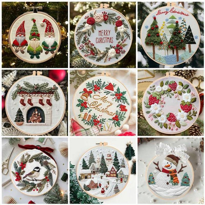 Handgefertigtes Stickset Kiefern-Schneemann-Landschaft in Mehrfarbig für dein kreatives Weihnachts-Hobby - Bild 1