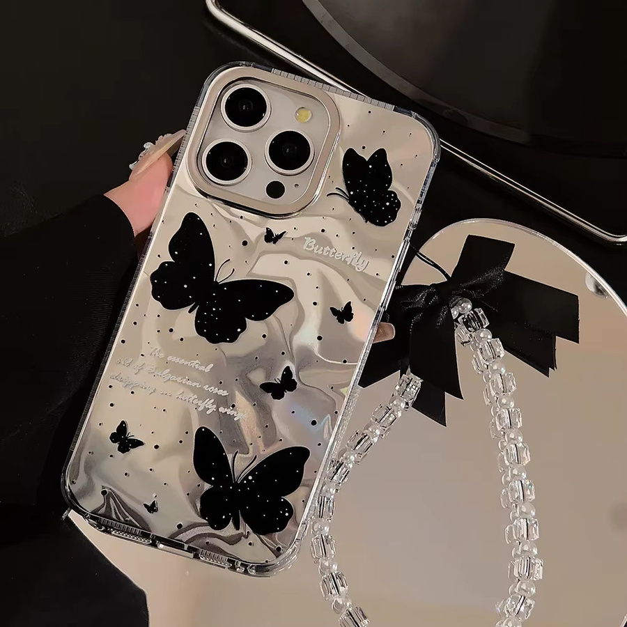 MUQGEW Stoßfeste iPhone Schutzhülle mit Schmetterlings-Wasserwellen-Design und Umhängeband in Schwarz und Transparent für iPhone 16 15 14 Plus 13 12 Pro Max - Bild 3