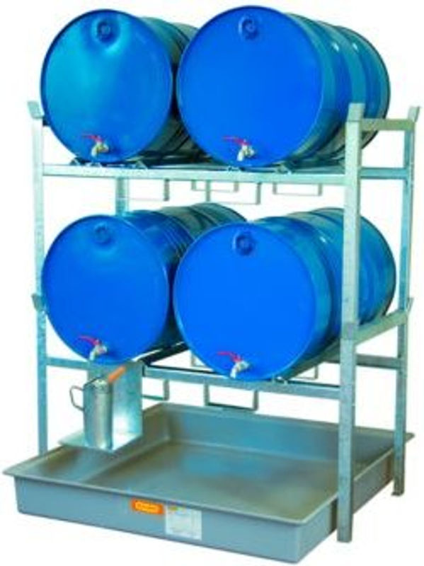 CEMO Fassregal Typ 800 Variante 2 mit GFK-Auffangwanne und Fassauflage, grau/blau, B: 128 cm, T: 141 cm, H: 162 cm - Bild 3