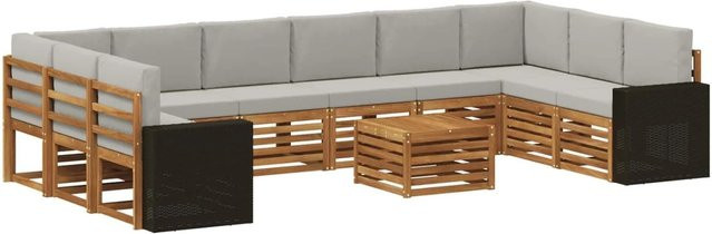 vidaXL Outdoor-Sofagarnitur aus Akazienholz in L-Form, 11-teiliges Set mit hellgrauen Polsterkissen aus Polyester, Natur und Hellgrau - Bild 1