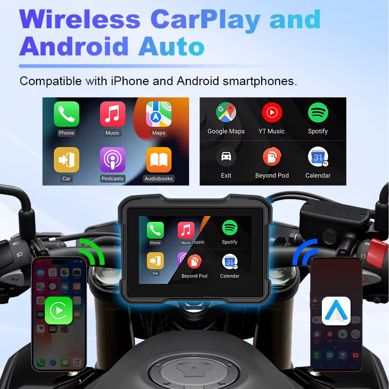 Develuck Tragbarer 5-Zoll-Motorrad-GPS-Navigator mit Wireless CarPlay und Android Auto, IPX7 wasserdicht, Bluetooth und TPMS-Unterstützung, Schwarz - Bild 2