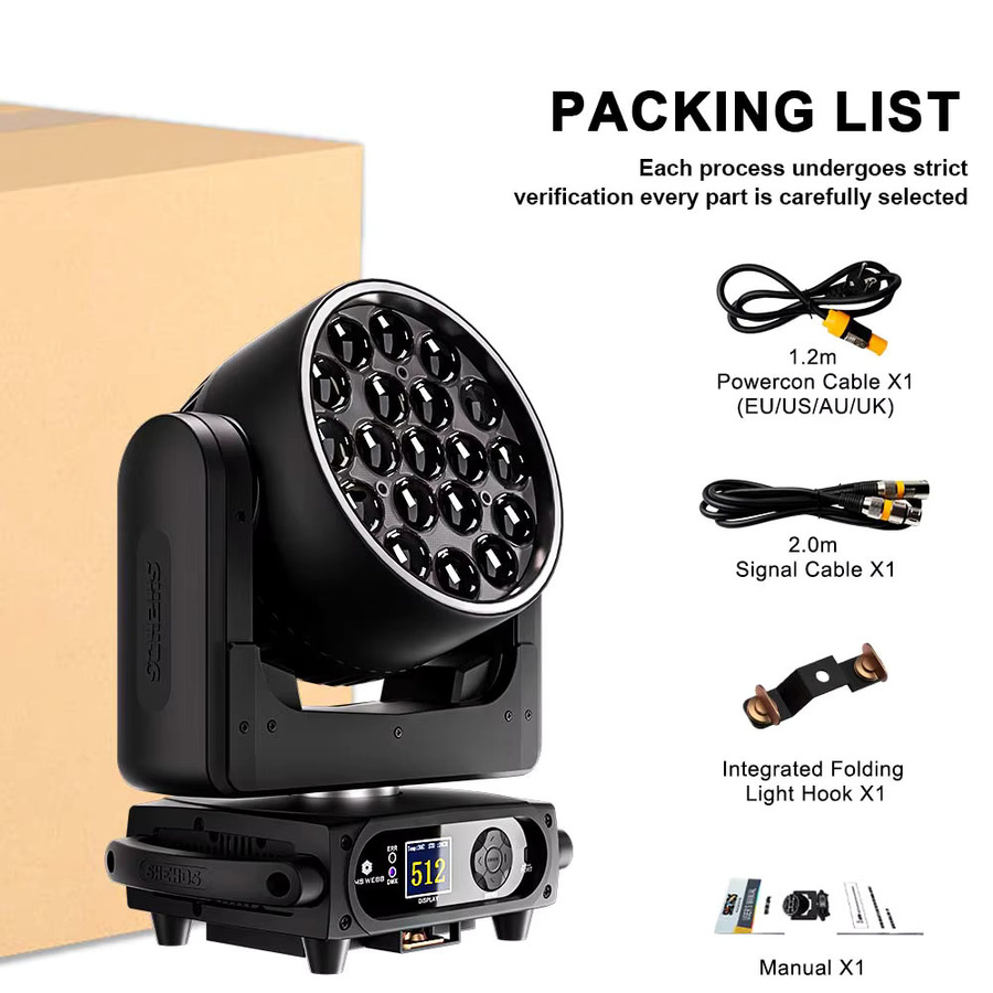 SHEHDS Moving Head LED Wash RGBW mit 19x15W Zoom für DJ, Disco und Bühne, Schwarz - Bild 6