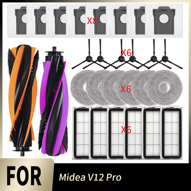 WINDNINJA Ersatzteil-Set für Midea V12 Pro mit Haupt- und Seitenbürste, Staubbeutel, Wischpad und HEPA-Filter in Multicolor - Bild 1