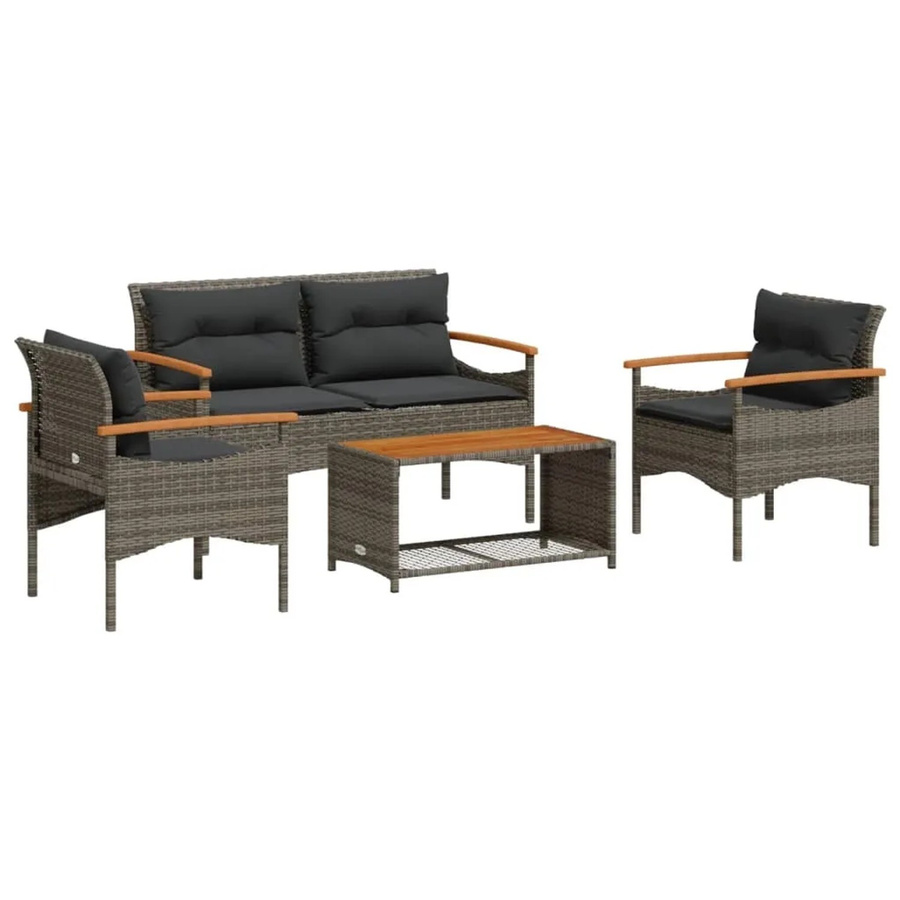 vidaXL 4-tlg Garten-Sofagarnitur aus Poly Rattan und Akazienholz in Grau mit Kissen und Couchtisch - Bild 2