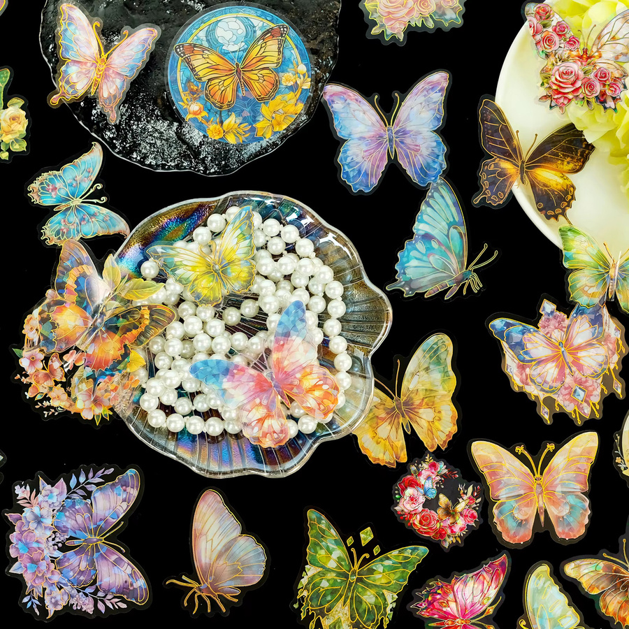 30 Stück YIIMANNER Vintage Schmetterlingsaufkleber, holografische und glitzernde PVC-Aufkleber in Multicolour, wasserdicht und transparent - Bild 4