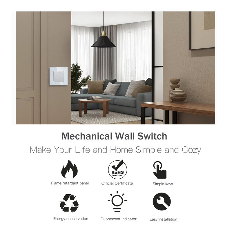 BSEED Mechanischer Wandlichtschalter mit Kristallglas-Panel, 1/2/3 Gang Ein-/Aus-Schalter, 250 V, Weiß, Schwarz, Grau - Bild 3