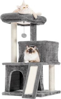 Pawz Road Kratzbaum für Katzen in Grau mit 3 Etagen, Hängematte und Höhle aus Sisal und MDF - Bild 1