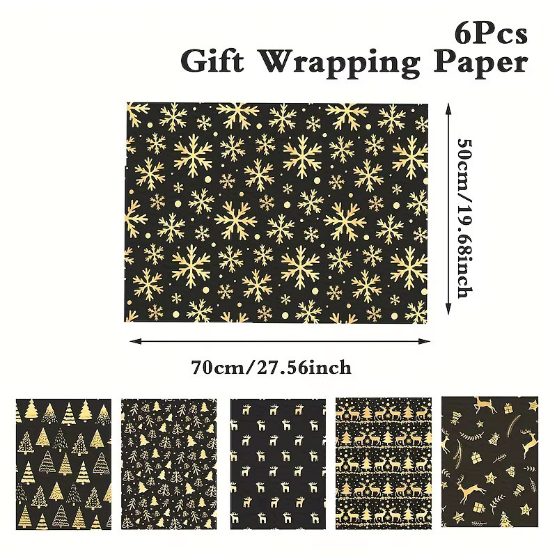 6er-Pack Weihnachts-Geschenkpapier in Schwarz und Gold mit Rentier- und Schneeflocken-Design aus glänzender Folie - Bild 5