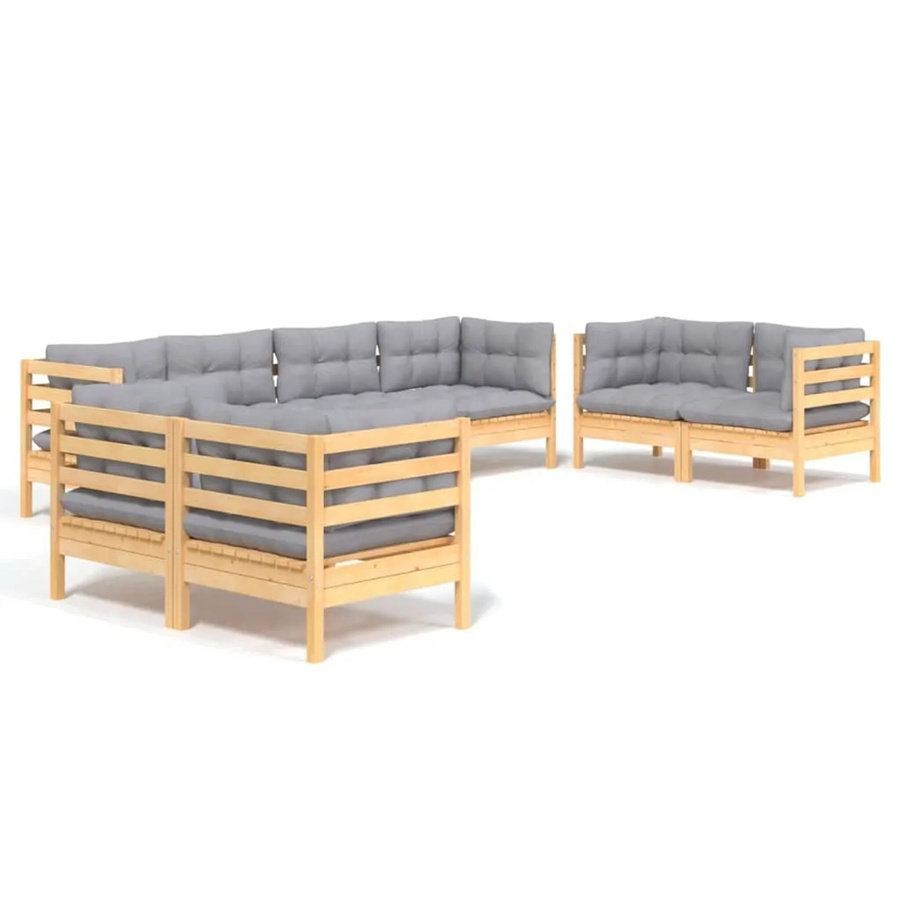 vidaXL 8-teiliges Garten-Lounge-Set aus massivem Kiefernholz in Braun-Grau mit grauen Polstern und Kissen in L-Form - Bild 2