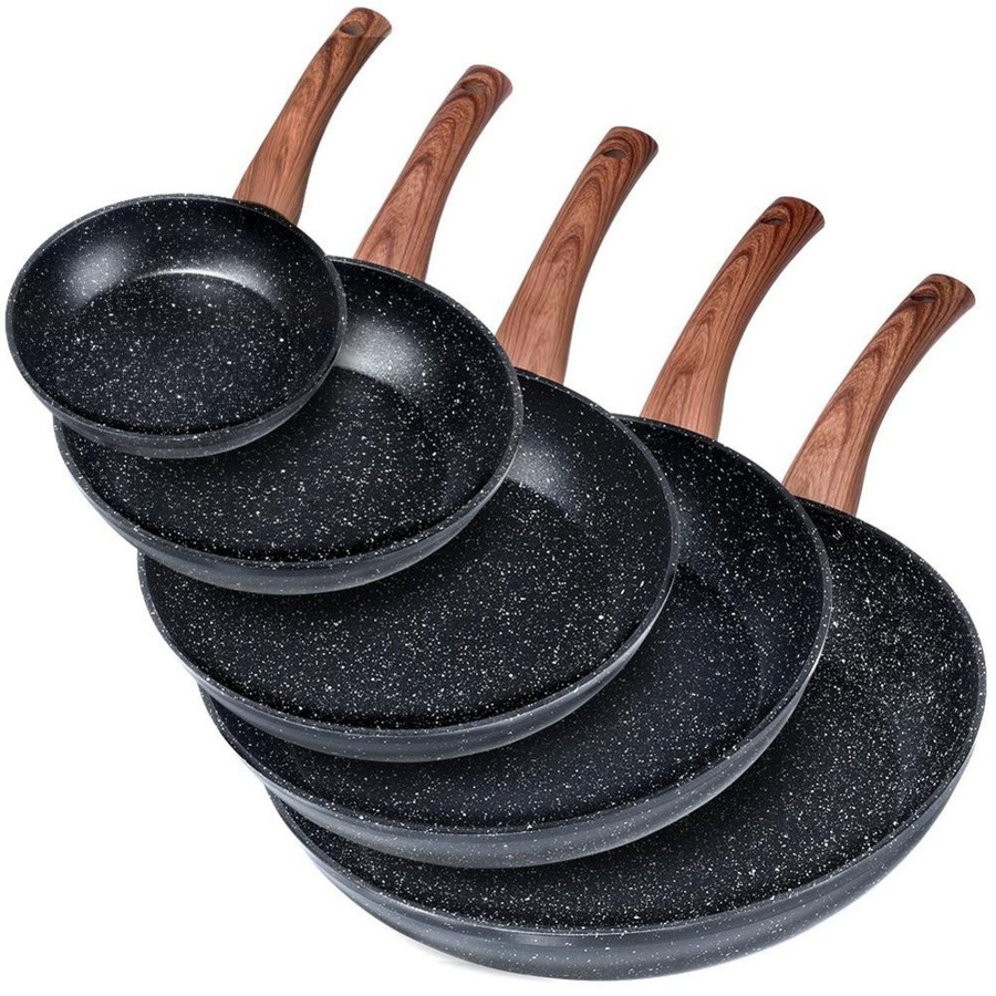 Vilde Pfannen-Set mit 5 Bratpfannen für Induktion, Antihaft-Beschichtung, Schwarz und Holz, Durchmesser: 16 cm, 20 cm, 24 cm, 28 cm, 32 cm - Bild 1