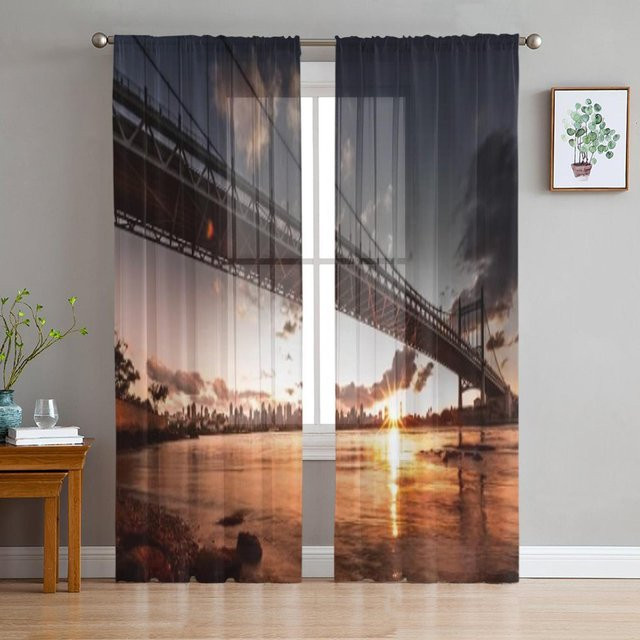 Super Six Chiffon Vorhang Queensboro Bridge East River bei Sonnenuntergang, transparent, schwarz, B: 135 cm, H: 114 cm - Bild 1